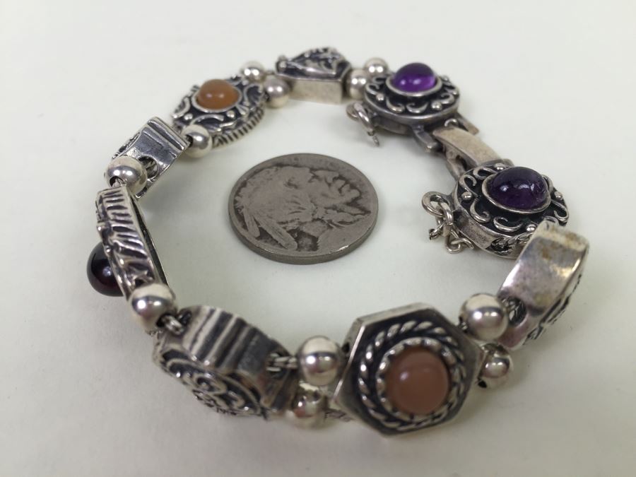 Signed Sterling Silver Bracelet With Gemstones 35.5g [Photo 6]