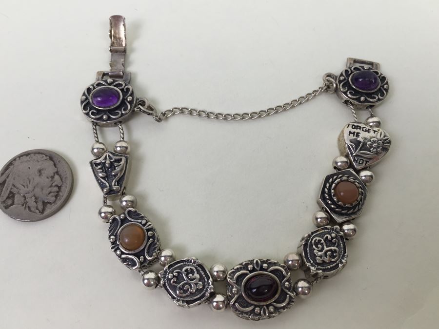 Signed Sterling Silver Bracelet With Gemstones 35.5g [Photo 1]