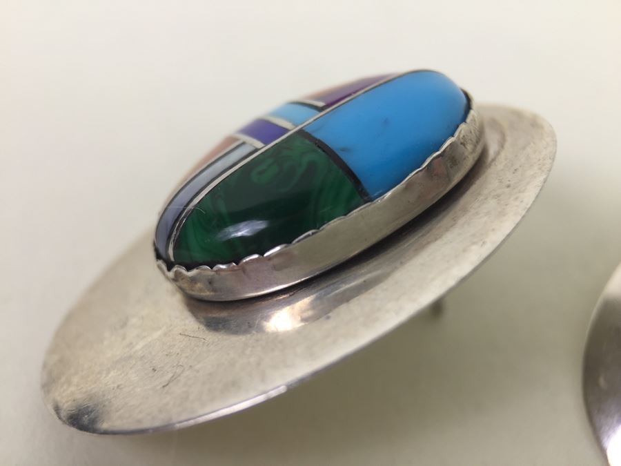 Sterling Silver Earrings With Turquoise, Coral, Shell Inlay 7.6g [Photo 7]