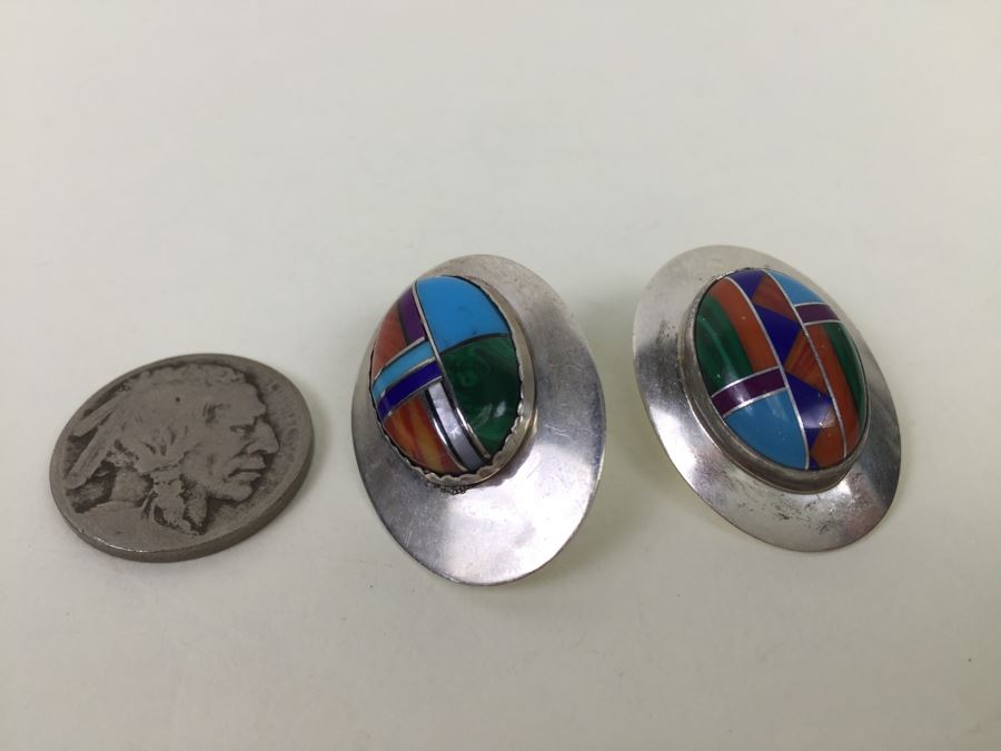 Sterling Silver Earrings With Turquoise, Coral, Shell Inlay 7.6g [Photo 4]