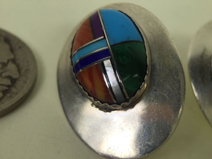 Sterling Silver Earrings With Turquoise, Coral, Shell Inlay 7.6g [Photo 5]