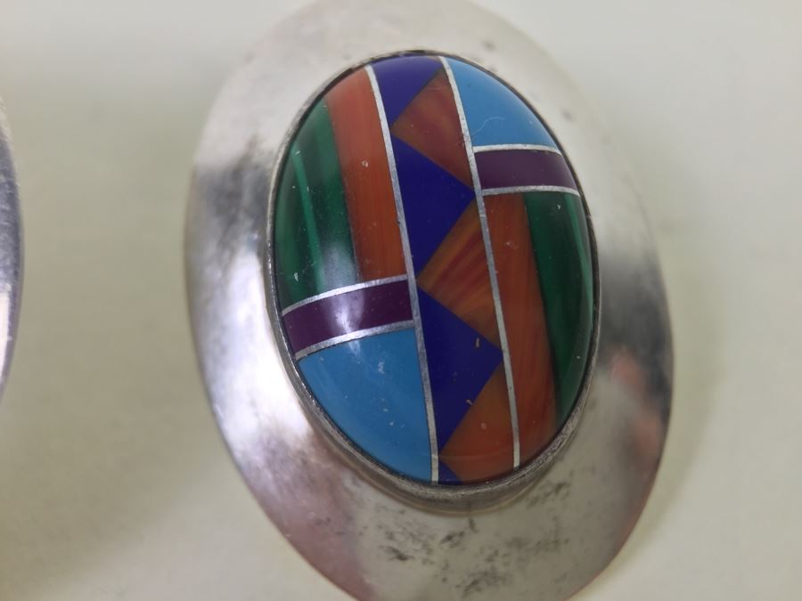 Sterling Silver Earrings With Turquoise, Coral, Shell Inlay 7.6g [Photo 2]