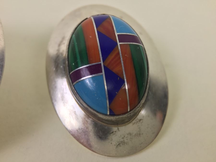 Sterling Silver Earrings With Turquoise, Coral, Shell Inlay 7.6g [Photo 6]