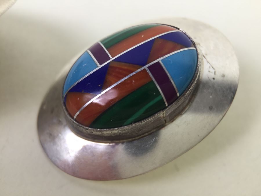 Sterling Silver Earrings With Turquoise, Coral, Shell Inlay 7.6g [Photo 9]