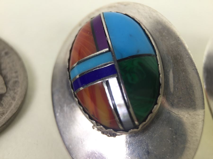 Sterling Silver Earrings With Turquoise, Coral, Shell Inlay 7.6g [Photo 3]