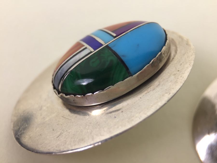 Sterling Silver Earrings With Turquoise, Coral, Shell Inlay 7.6g [Photo 8]