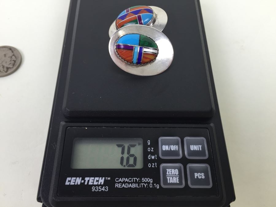 Sterling Silver Earrings With Turquoise, Coral, Shell Inlay 7.6g [Photo 11]