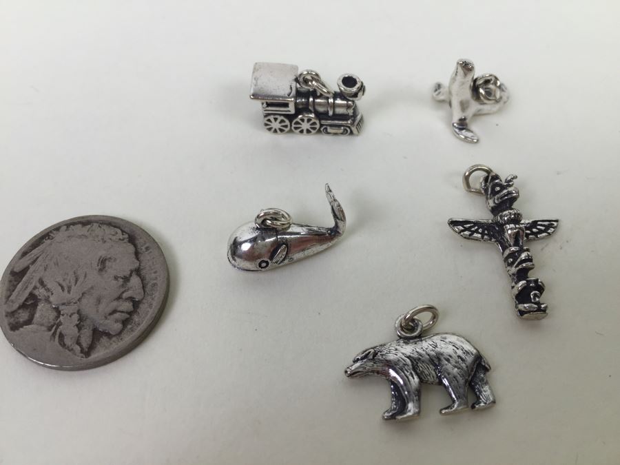 (5) Sterling Silver Charms For Charm Bracelet - Totem Pole, Seal, Bear, Train, Whale 12.6g [Photo 1]