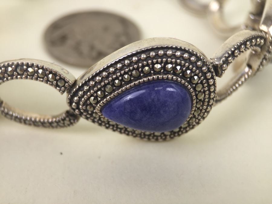 Sterling Silver Bracelet With Lapis Lazuli And Marcasite Signed S M J 27.3g [Photo 2]