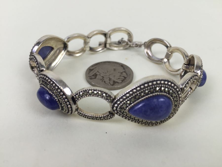 Sterling Silver Bracelet With Lapis Lazuli And Marcasite Signed S M J 27.3g [Photo 1]