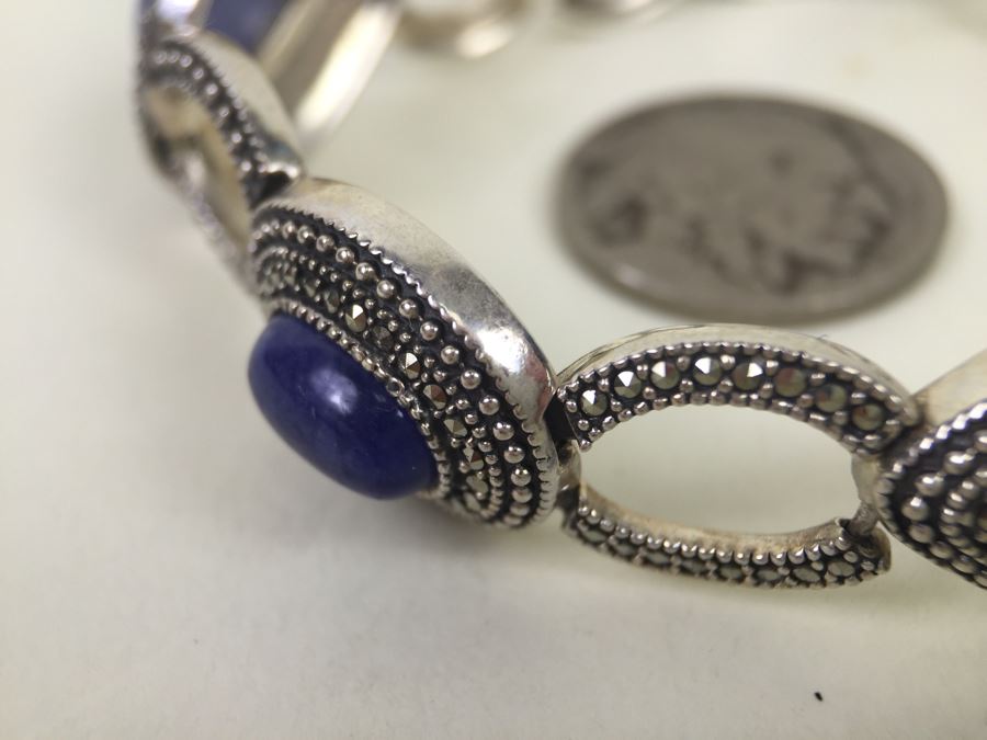 Sterling Silver Bracelet With Lapis Lazuli And Marcasite Signed S M J 27.3g [Photo 5]