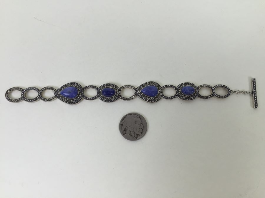 Sterling Silver Bracelet With Lapis Lazuli And Marcasite Signed S M J 27.3g [Photo 4]