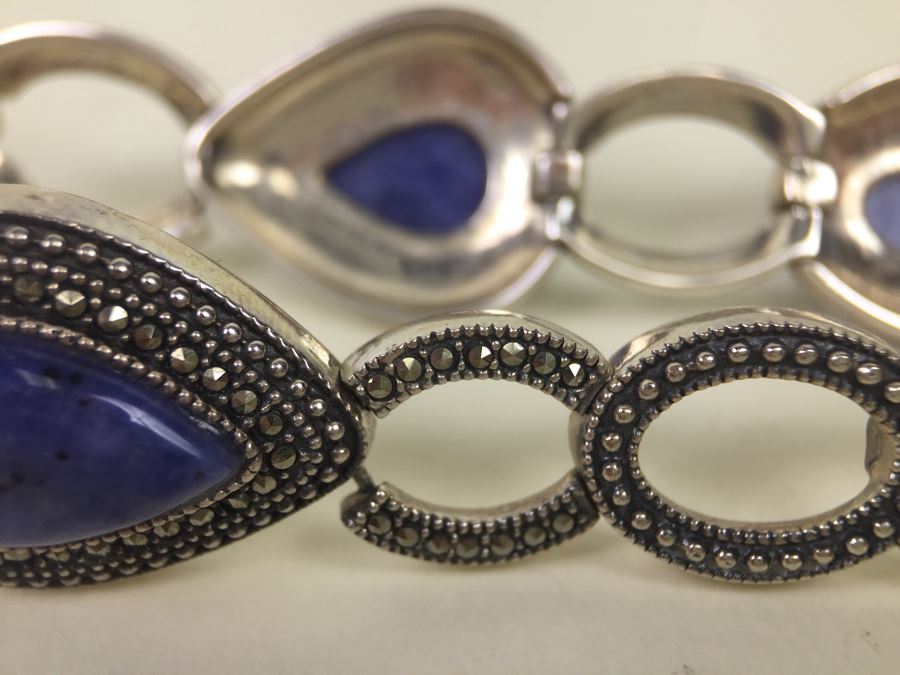 Sterling Silver Bracelet With Lapis Lazuli And Marcasite Signed S M J 27.3g [Photo 3]