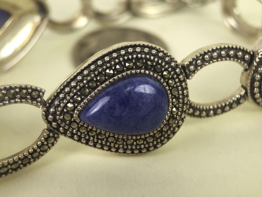 Sterling Silver Bracelet With Lapis Lazuli And Marcasite Signed S M J 27.3g [Photo 6]