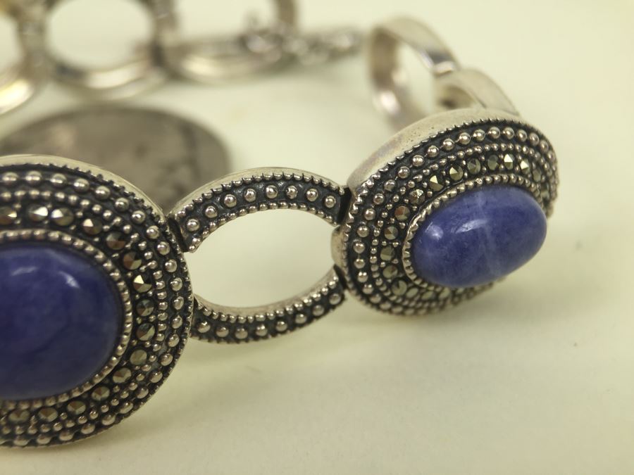 Sterling Silver Bracelet With Lapis Lazuli And Marcasite Signed S M J 27.3g [Photo 7]