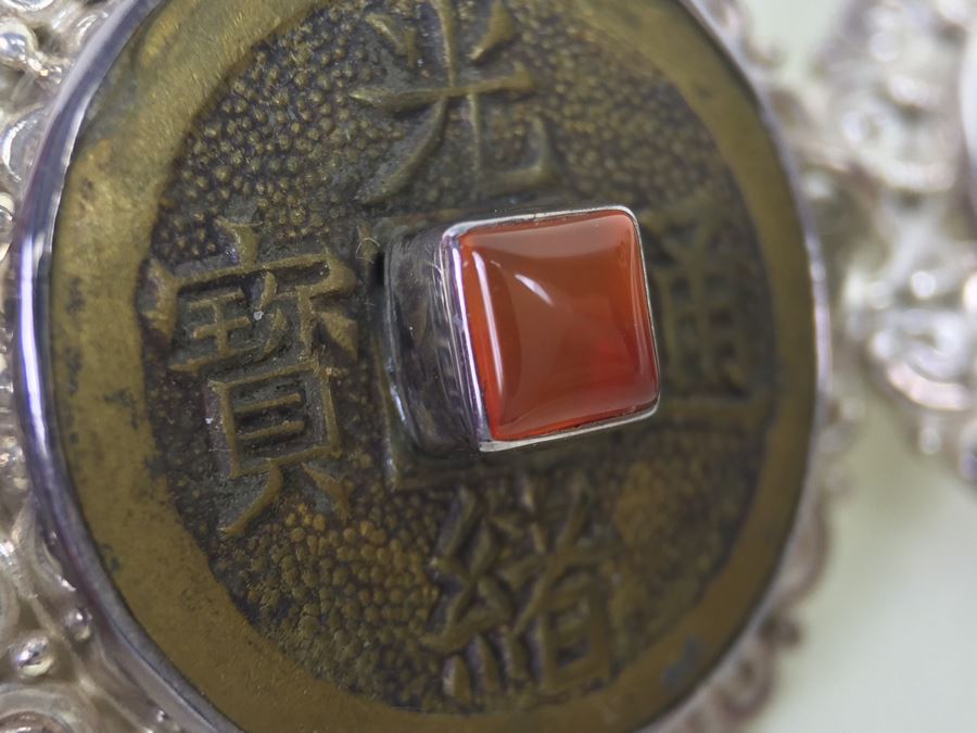 Vintage Sajen Original Design Sterling Silver Bracelet With Chinese Coins And Gemstones 58.8g [Photo 12]