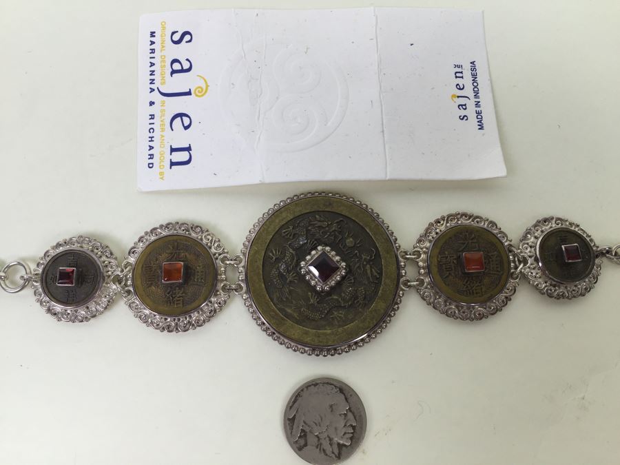 Vintage Sajen Original Design Sterling Silver Bracelet With Chinese Coins And Gemstones 58.8g [Photo 1]