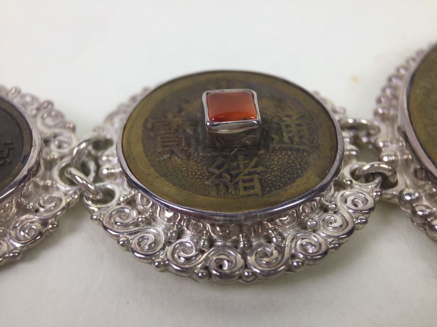 Vintage Sajen Original Design Sterling Silver Bracelet With Chinese Coins And Gemstones 58.8g [Photo 17]