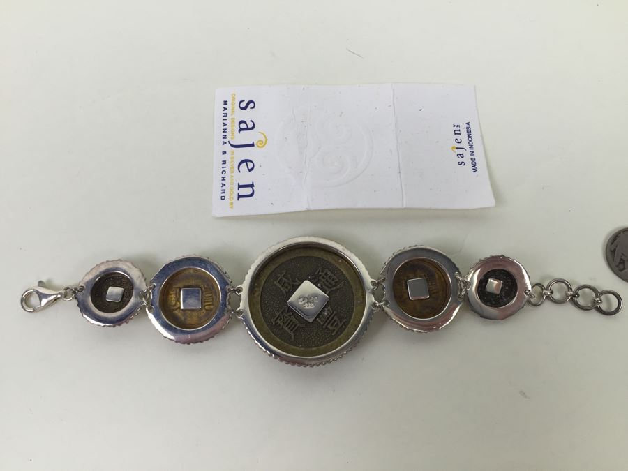 Vintage Sajen Original Design Sterling Silver Bracelet With Chinese Coins And Gemstones 58.8g [Photo 20]