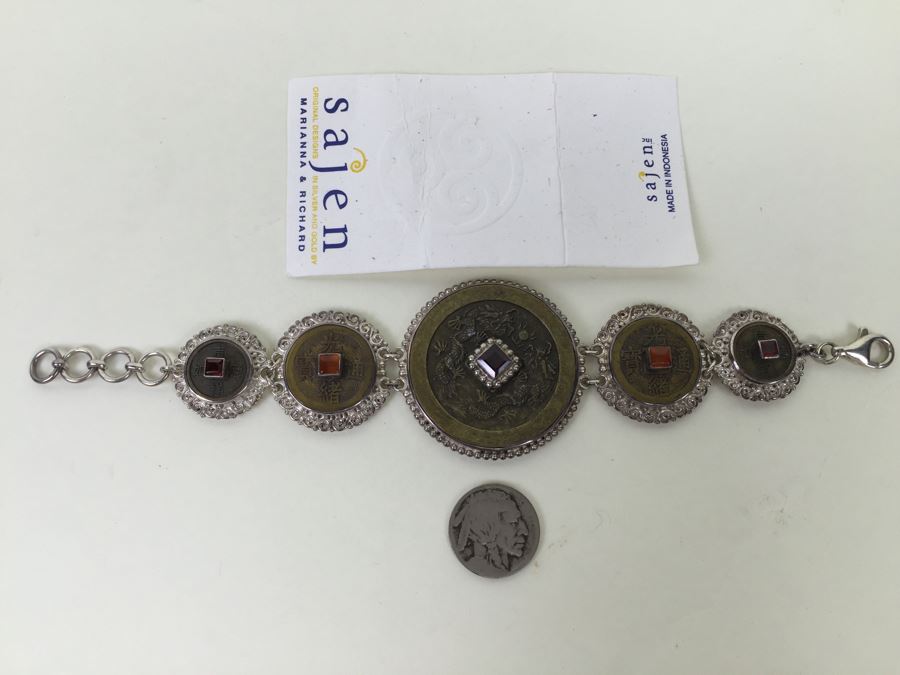 Vintage Sajen Original Design Sterling Silver Bracelet With Chinese Coins And Gemstones 58.8g [Photo 5]