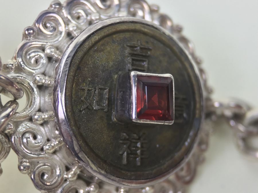 Vintage Sajen Original Design Sterling Silver Bracelet With Chinese Coins And Gemstones 58.8g [Photo 13]