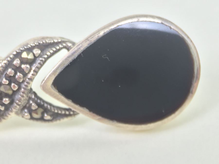 Sterling Silver Tear Drop Earrings With Black Onyx, Shell And Marcasite 9.3g [Photo 2]
