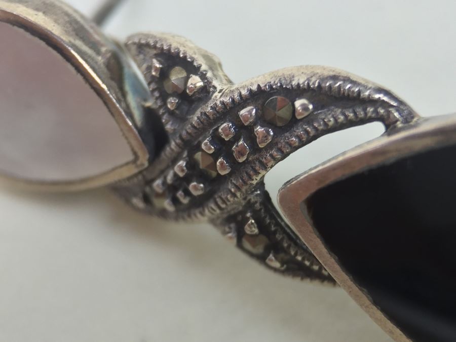 Sterling Silver Tear Drop Earrings With Black Onyx, Shell And Marcasite 9.3g [Photo 13]