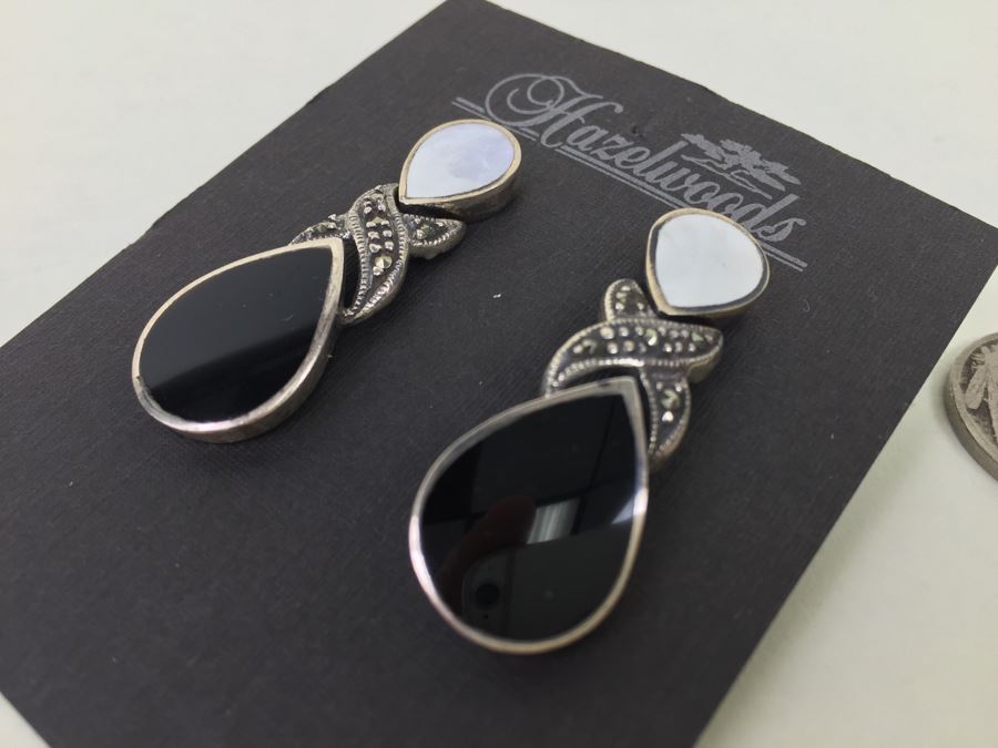 Sterling Silver Tear Drop Earrings With Black Onyx, Shell And Marcasite 9.3g [Photo 5]