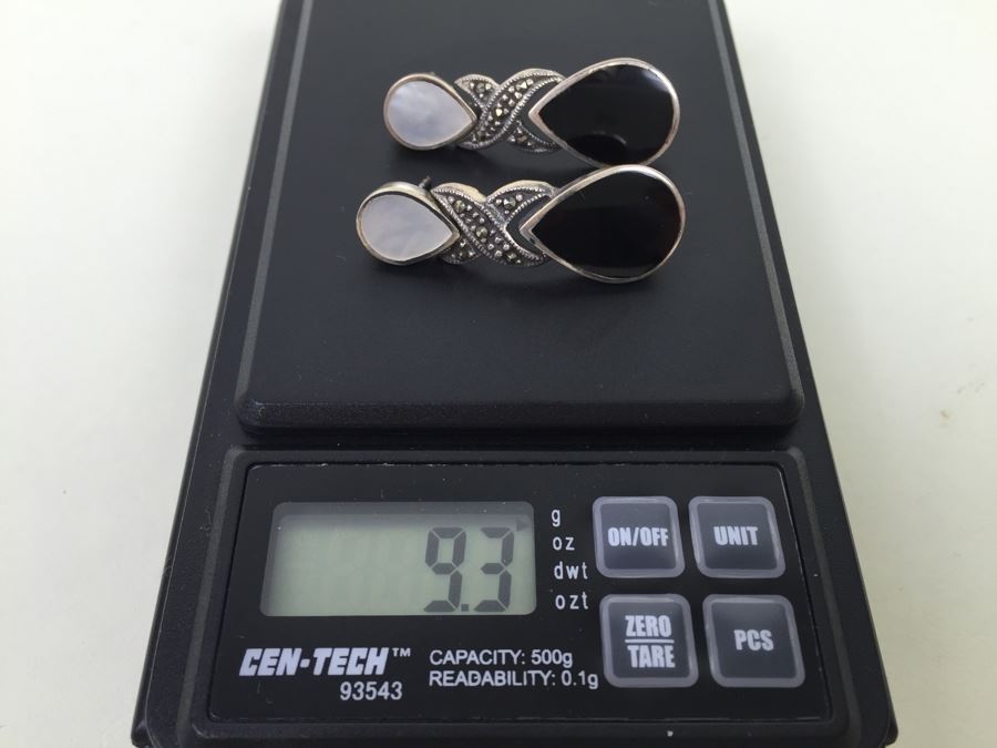 Sterling Silver Tear Drop Earrings With Black Onyx, Shell And Marcasite 9.3g [Photo 14]