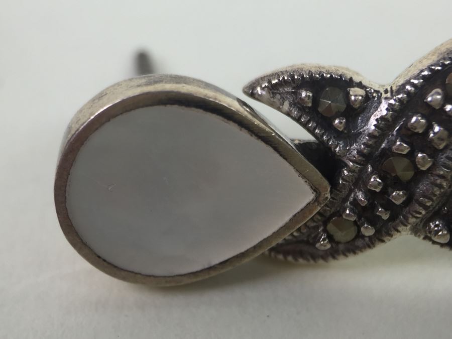Sterling Silver Tear Drop Earrings With Black Onyx, Shell And Marcasite 9.3g [Photo 8]