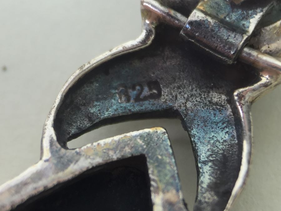 Sterling Silver Tear Drop Earrings With Black Onyx, Shell And Marcasite 9.3g [Photo 9]