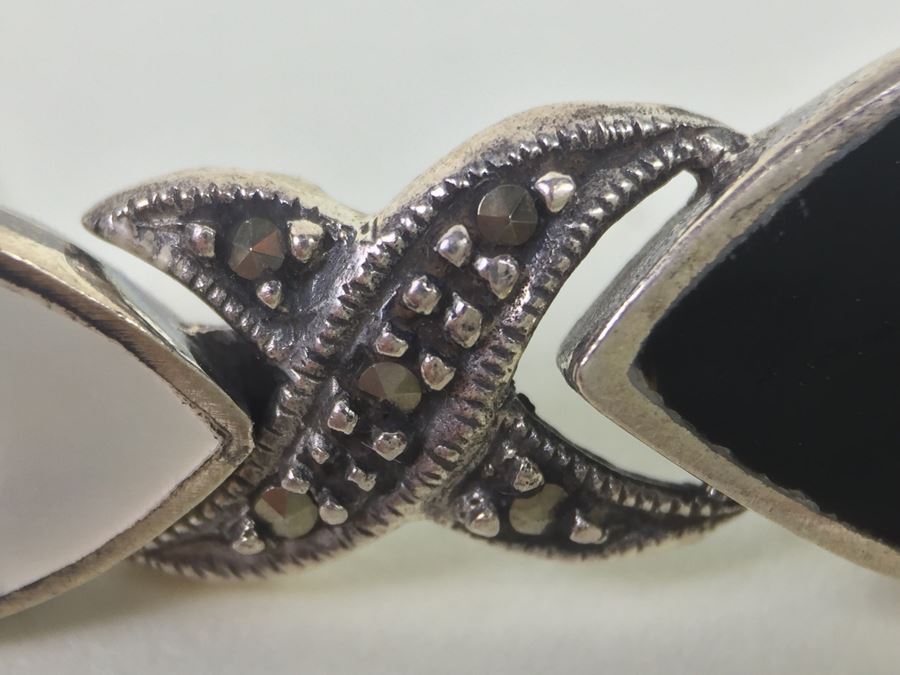 Sterling Silver Tear Drop Earrings With Black Onyx, Shell And Marcasite 9.3g [Photo 3]