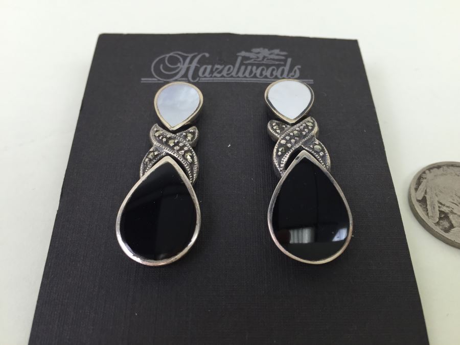 Sterling Silver Tear Drop Earrings With Black Onyx, Shell And Marcasite 9.3g [Photo 4]