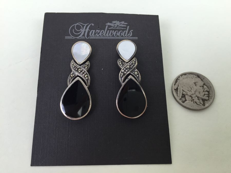 Sterling Silver Tear Drop Earrings With Black Onyx, Shell And Marcasite 9.3g [Photo 1]