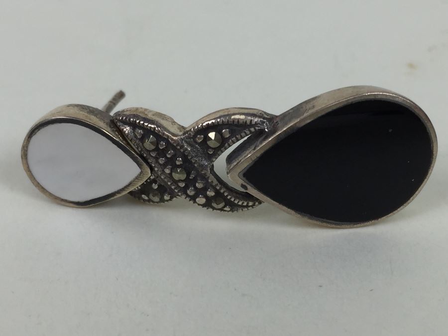 Sterling Silver Tear Drop Earrings With Black Onyx, Shell And Marcasite 9.3g [Photo 11]