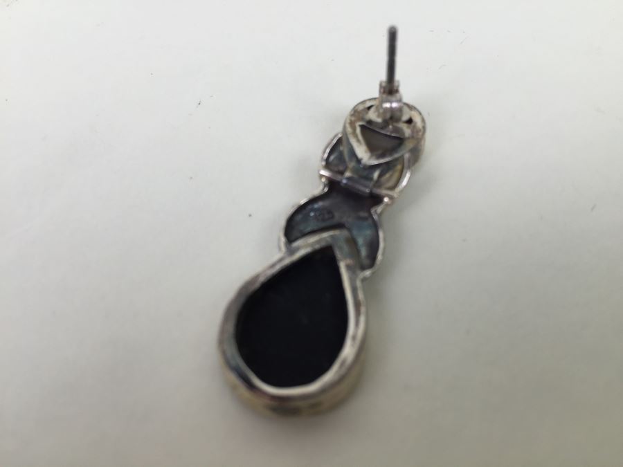 Sterling Silver Tear Drop Earrings With Black Onyx, Shell And Marcasite 9.3g [Photo 12]