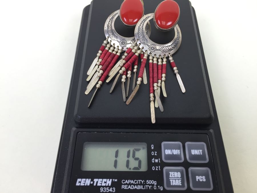 Sterling Silver Earrings With Coral Signed Q.T. 11.5g [Photo 14]