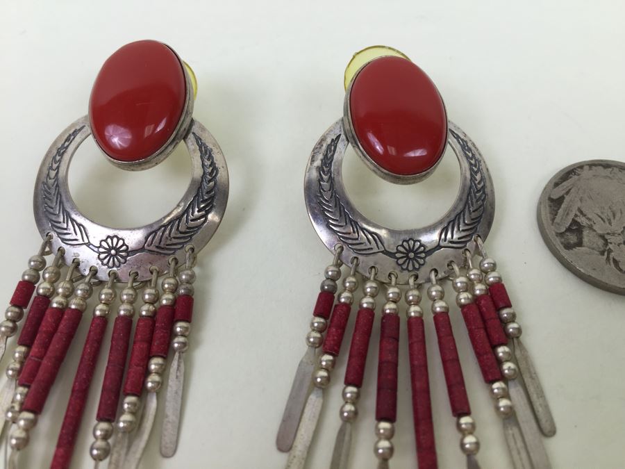 Sterling Silver Earrings With Coral Signed Q.T. 11.5g [Photo 6]