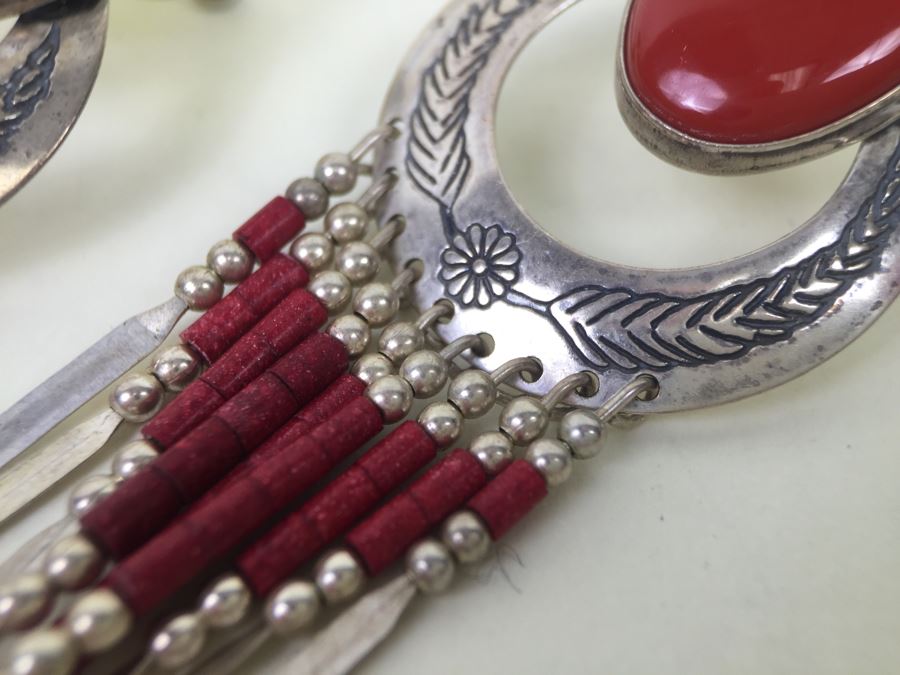 Sterling Silver Earrings With Coral Signed Q.T. 11.5g [Photo 11]