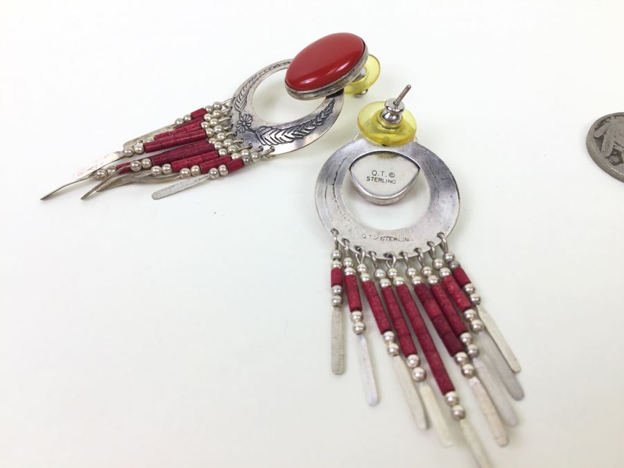 Sterling Silver Earrings With Coral Signed Q.T. 11.5g [Photo 3]