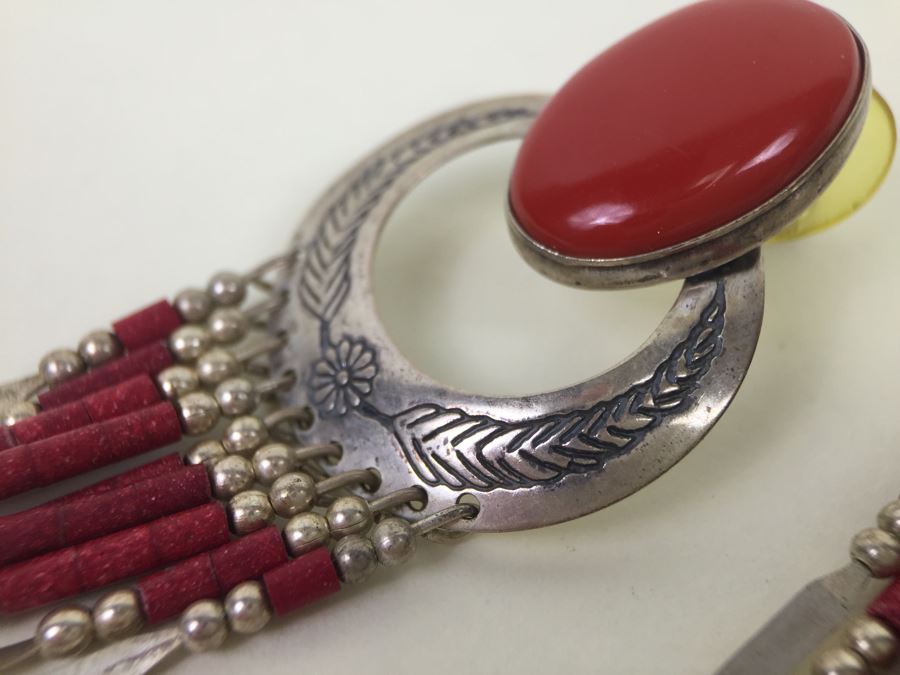 Sterling Silver Earrings With Coral Signed Q.T. 11.5g [Photo 2]