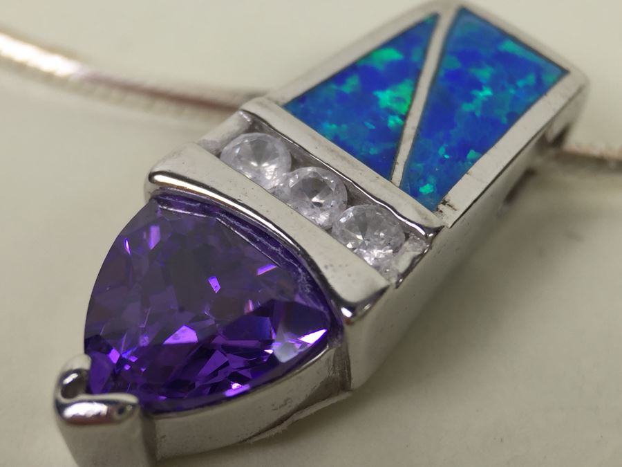 Sterling Silver Pendant Necklace, Ring And Matching Earrings With Amethyst 20.4g [Photo 2]