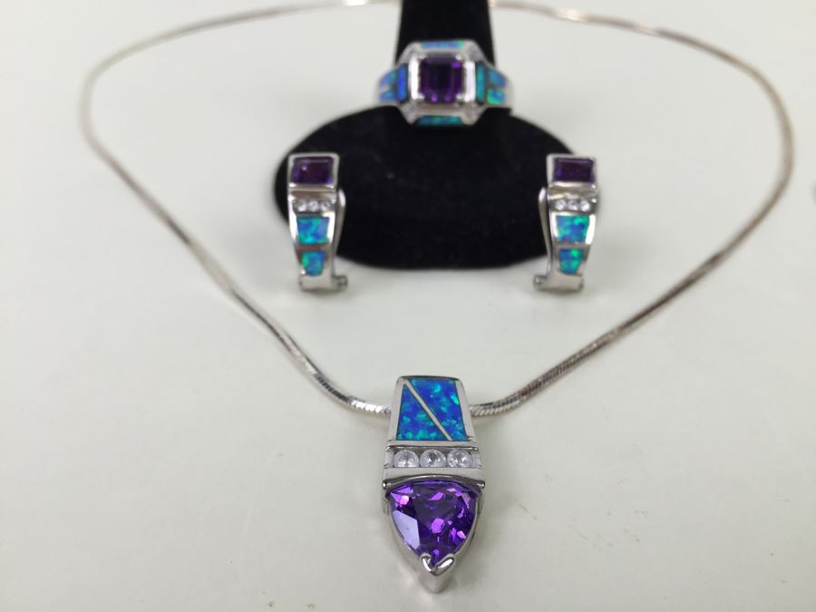 Sterling Silver Pendant Necklace, Ring And Matching Earrings With Amethyst 20.4g