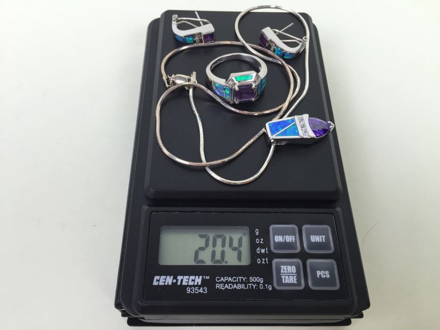 Sterling Silver Pendant Necklace, Ring And Matching Earrings With Amethyst 20.4g [Photo 36]