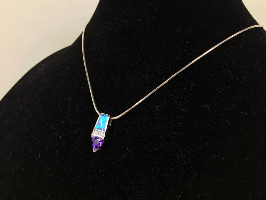 Sterling Silver Pendant Necklace, Ring And Matching Earrings With Amethyst 20.4g [Photo 38]