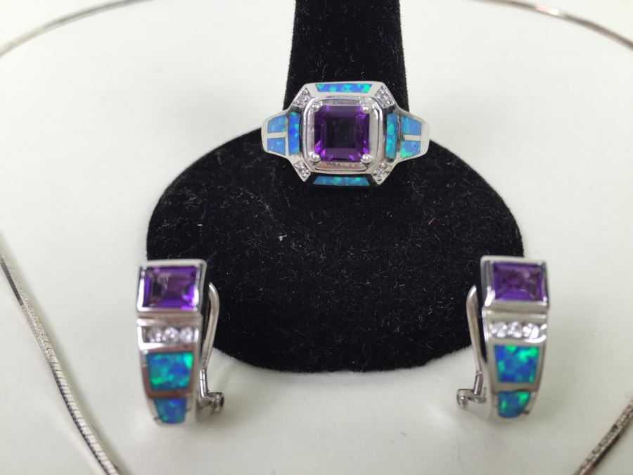 Sterling Silver Pendant Necklace, Ring And Matching Earrings With Amethyst 20.4g [Photo 6]