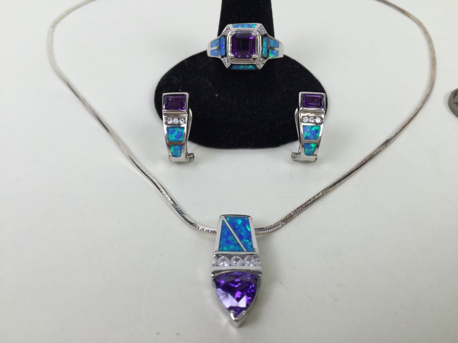 Sterling Silver Pendant Necklace, Ring And Matching Earrings With Amethyst 20.4g [Photo 5]