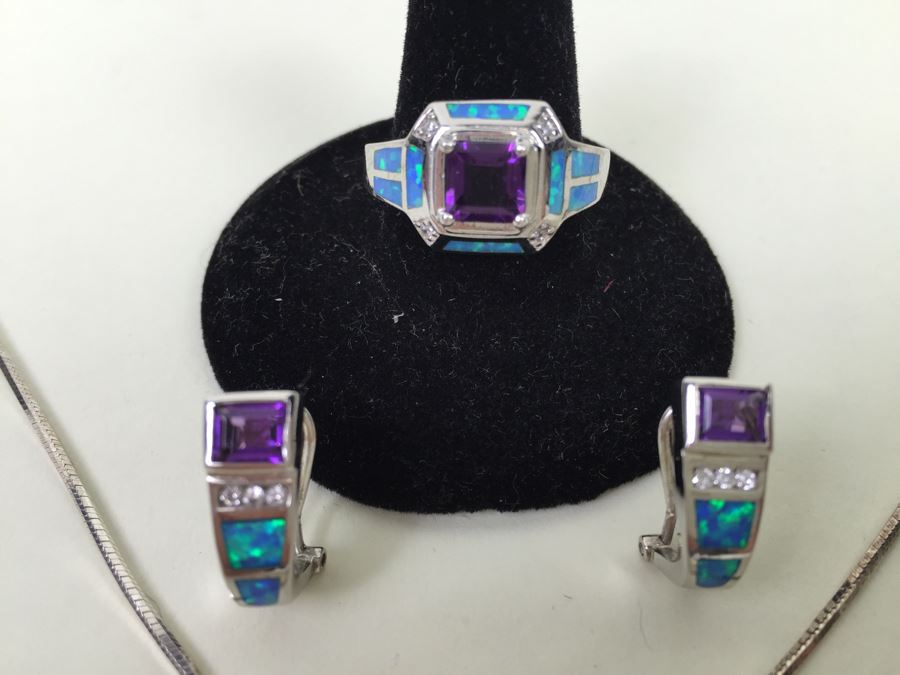 Sterling Silver Pendant Necklace, Ring And Matching Earrings With Amethyst 20.4g [Photo 7]