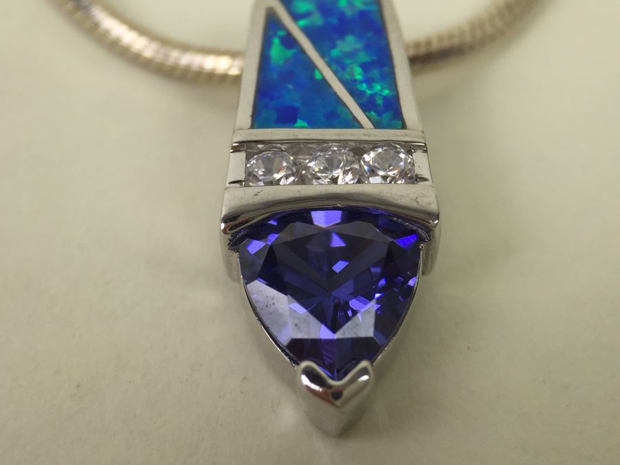 Sterling Silver Pendant Necklace With Blue Gemstone 13.6g [Photo 6]