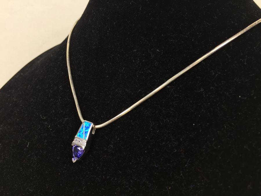 Sterling Silver Pendant Necklace With Blue Gemstone 13.6g [Photo 5]